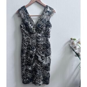 TADASHI SHOJI Silk V-Neck Pleated Bust Ruched Fitted Sheath Mini Dress Y2K 6P